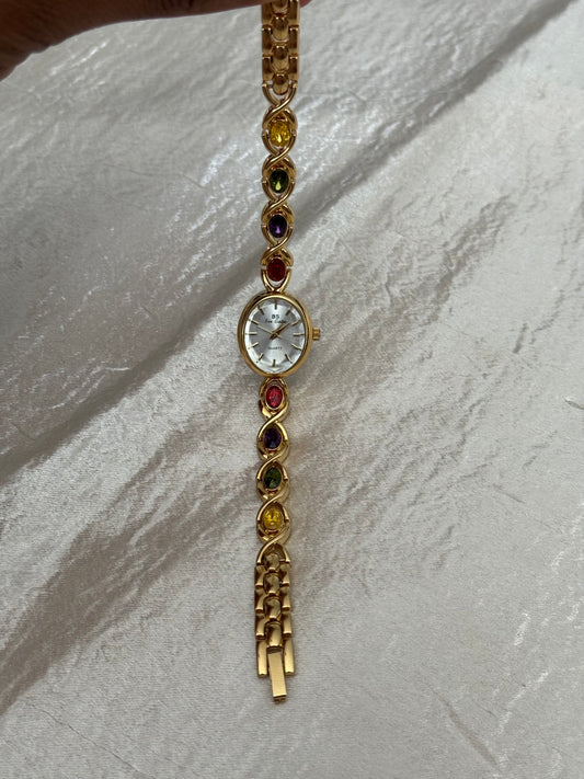 Multi-color gem gold watch